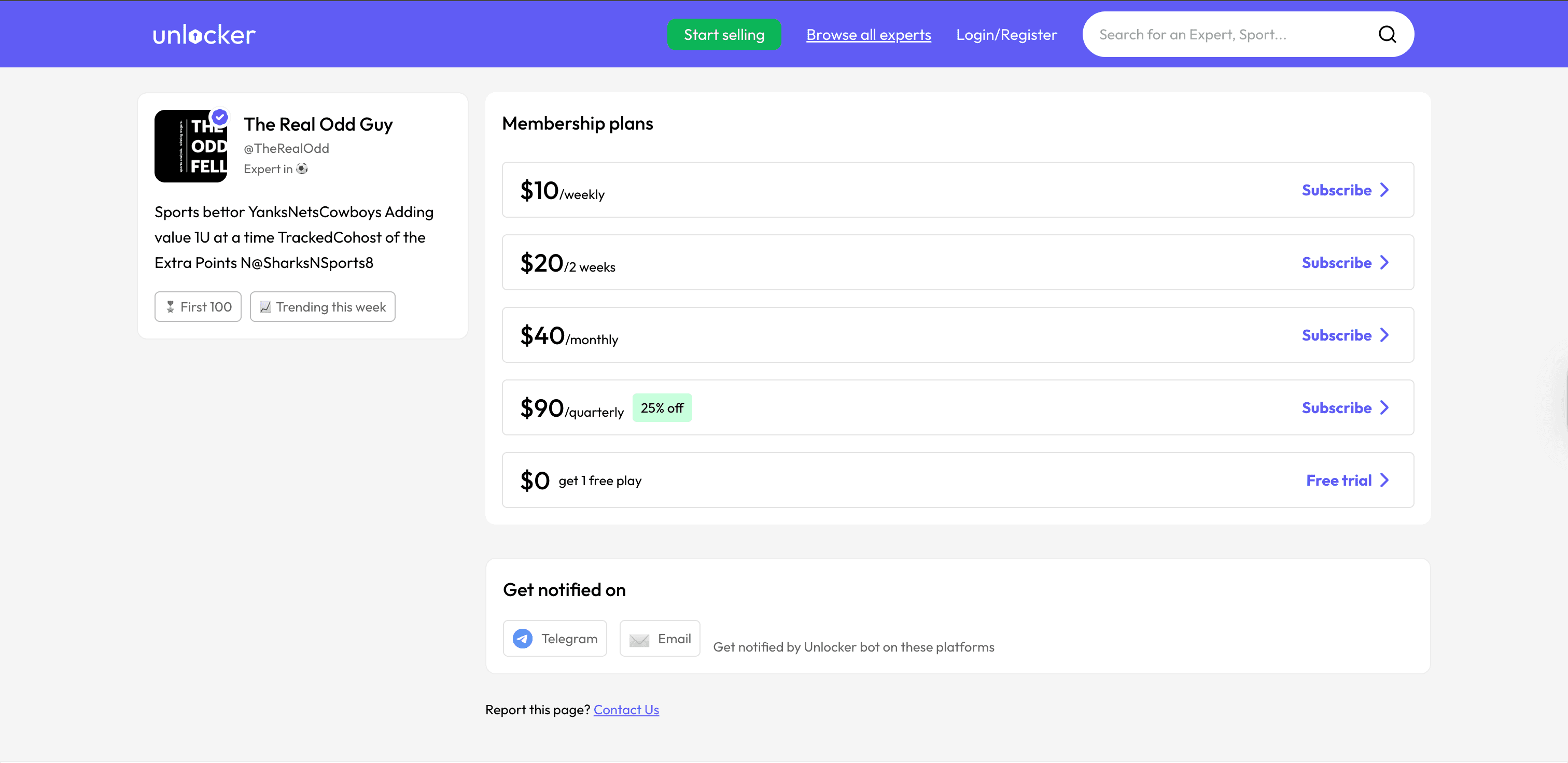 Expert profile page with subscription tiers