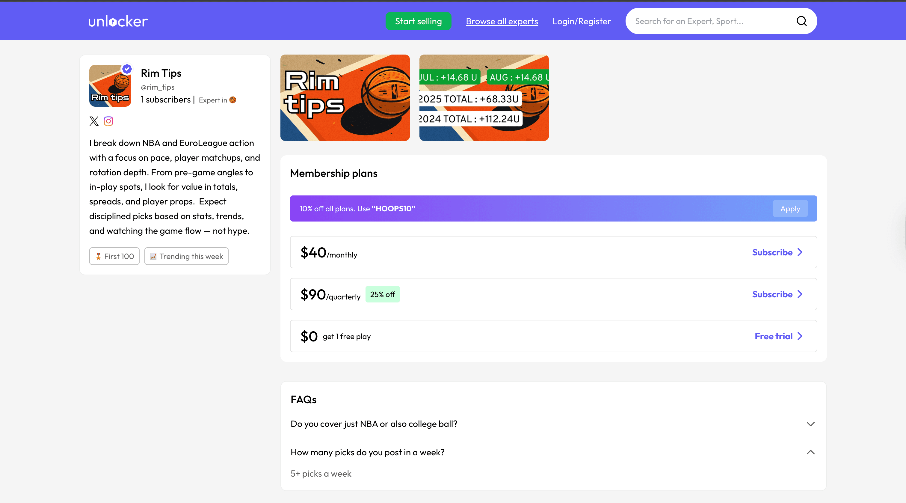 Expert profile with performance stats
