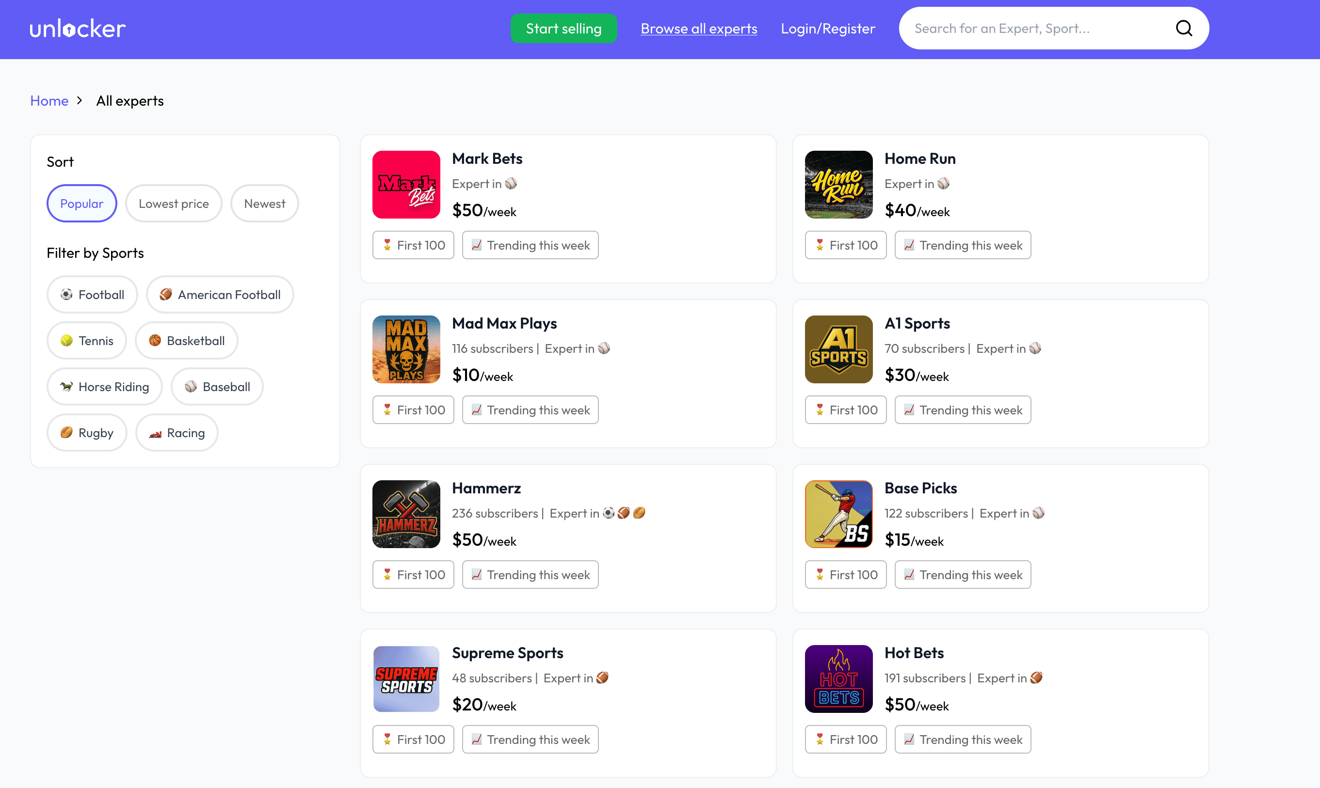 Unlocker - Sports Experts Marketplace interface screenshot
