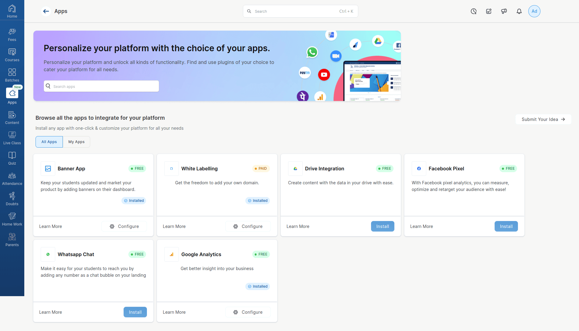 Winuall Apps - Micro Frontend Architecture interface screenshot